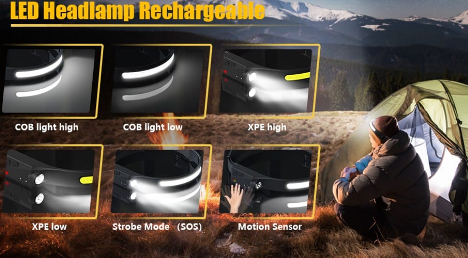 COB LED Headlamp USB Rechargeable Headlight Torch Work Light Bar Head Band Lamp